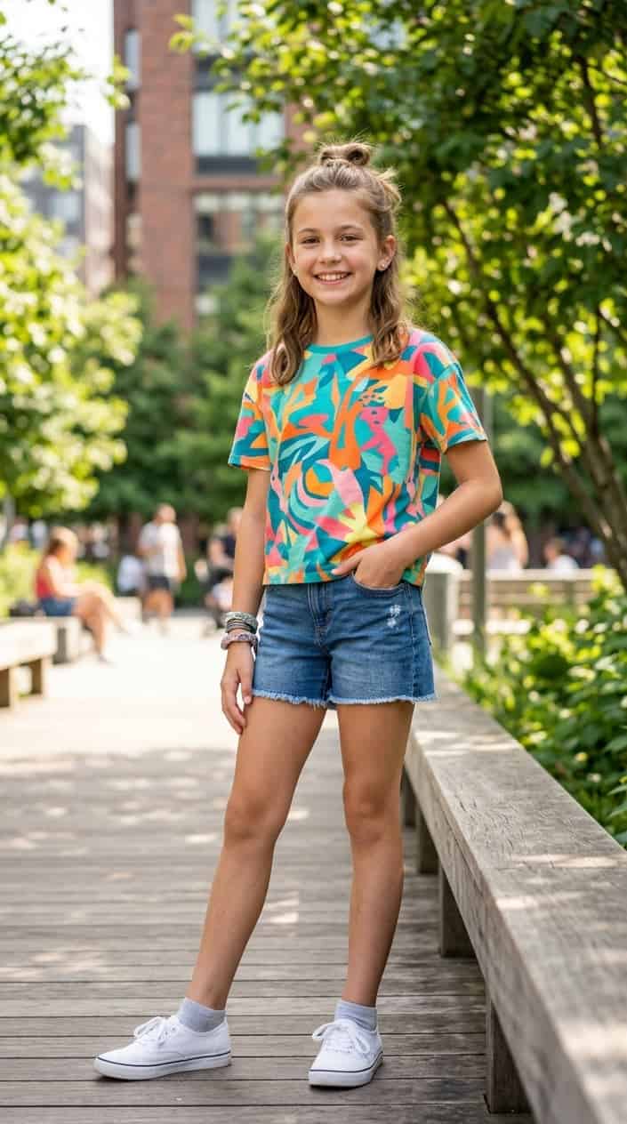 18 Tween Girl Outfits for the Summer They Outgrow Every Shirt 17 A smiling tween girl wearing a colorful graphic t-shirt standing outdoors on a sunny day.