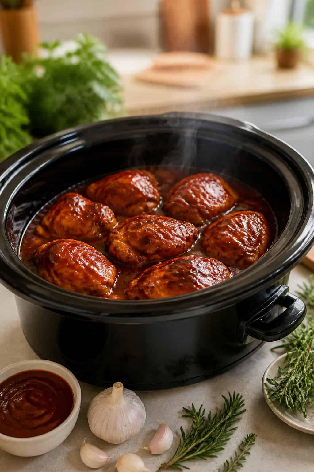 A ceramic slow-cooker insert filled with saucy BBQ chicken thighs, with fresh herbs and seasoning ingredients arranged on the countertop beside it.