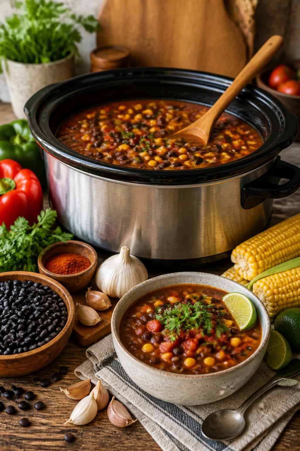 A slow cooker filled with black bean and corn soup surrounded by fresh ingredients on a kitchen counter.