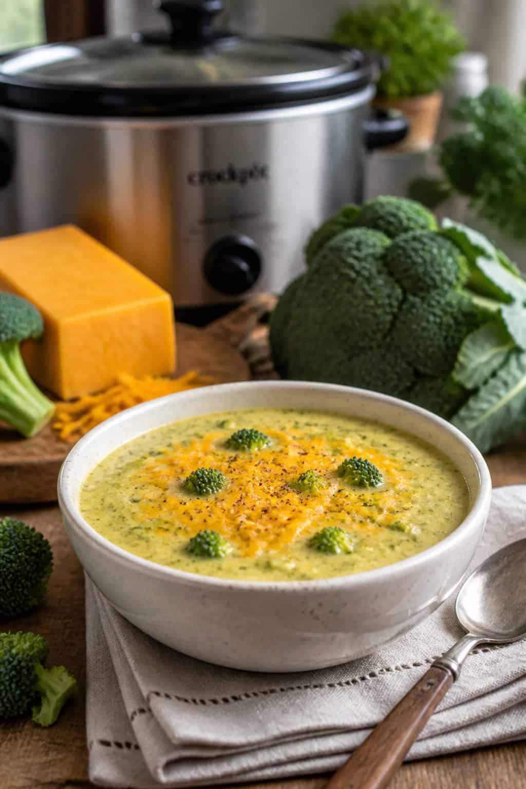 A bowl of creamy broccoli cheddar soup garnished with broccoli and cheese, placed on a wooden table with fresh broccoli and cheddar cheese nearby.