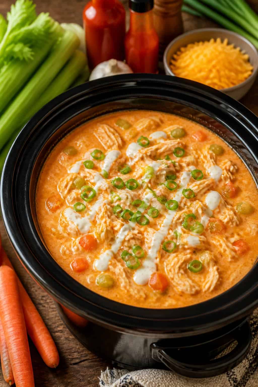 A slow cooker filled with buffalo chicken soup on a wooden kitchen table surrounded by fresh vegetables and ingredients.