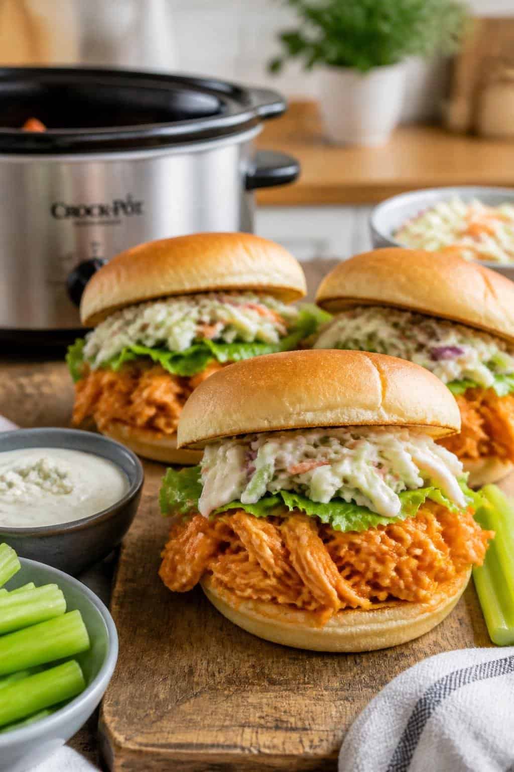 A wooden table with toasted buns piled high with saucy buffalo shredded chicken, lettuce, and a side of celery sticks and blue cheese dipping sauce.