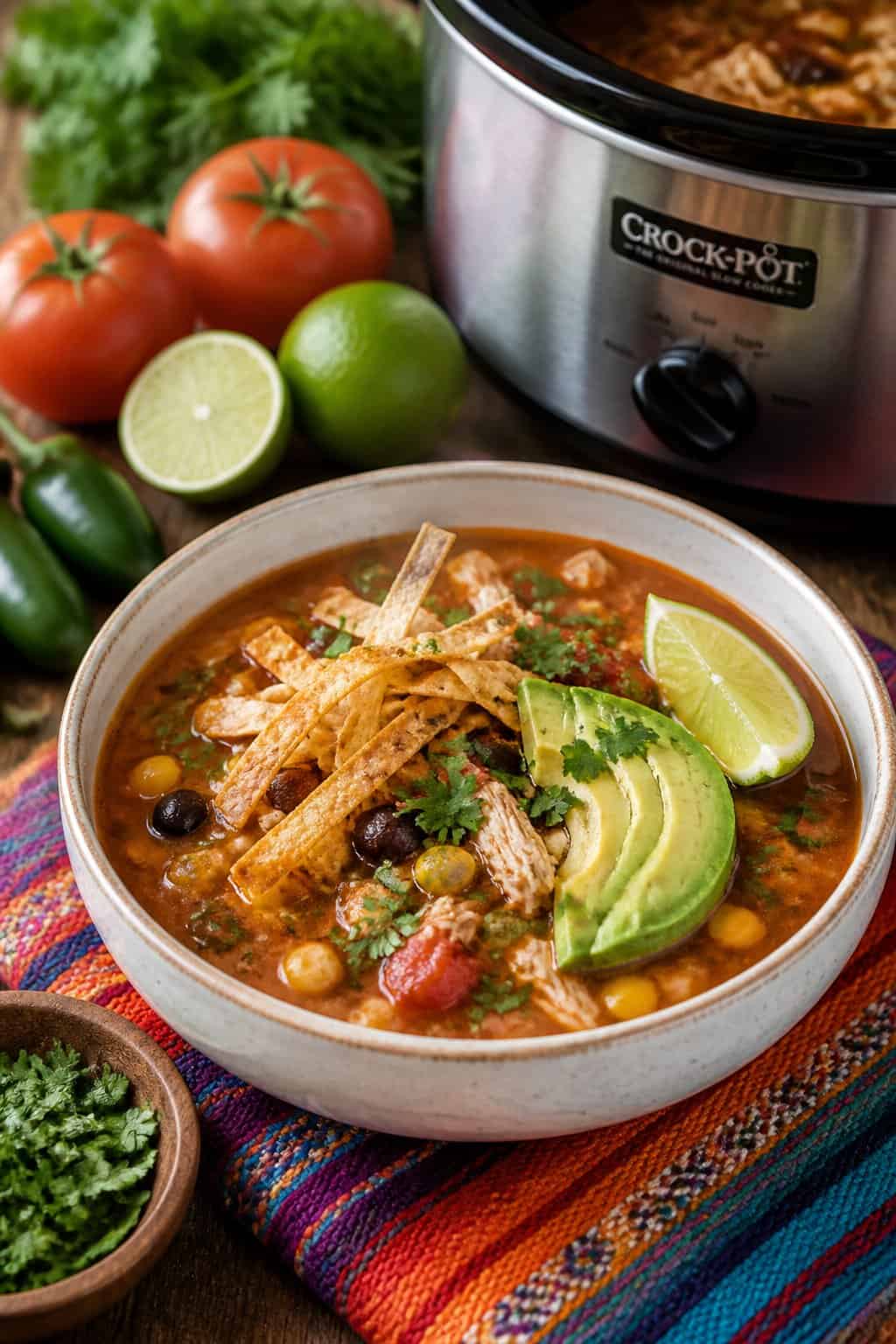 A bowl of chicken tortilla soup with tortilla strips, avocado, and cilantro on a wooden table surrounded by fresh ingredients and a slow cooker.