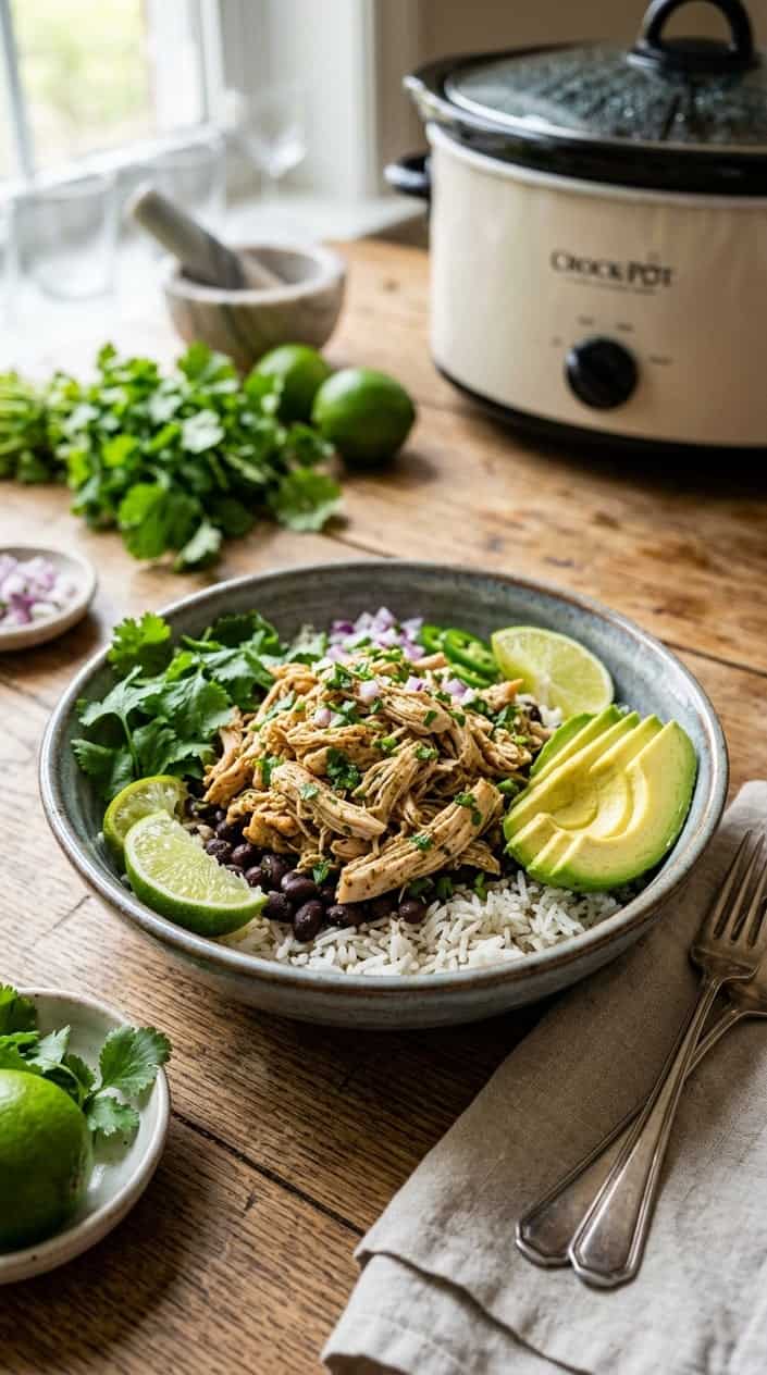 A deep bowl of cilantro-lime shredded chicken over white rice and black beans, topped with lime wedges and a scatter of fresh cilantro on a warm wooden table.