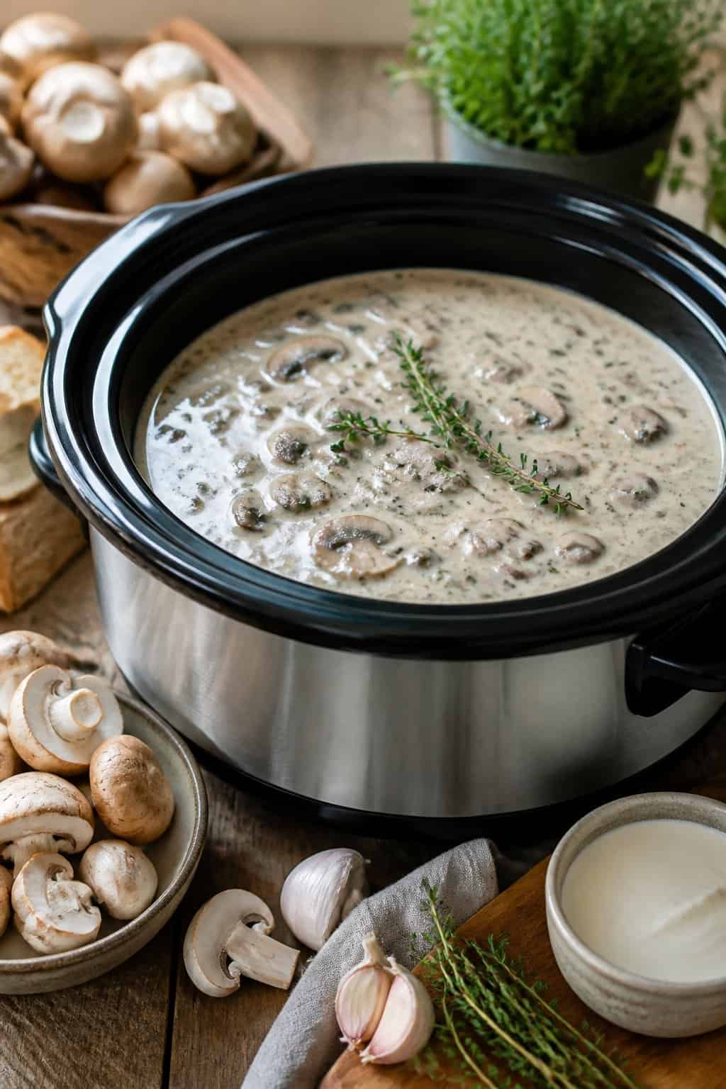 A slow cooker filled with creamy mushroom soup on a wooden table surrounded by fresh mushrooms and herbs.
