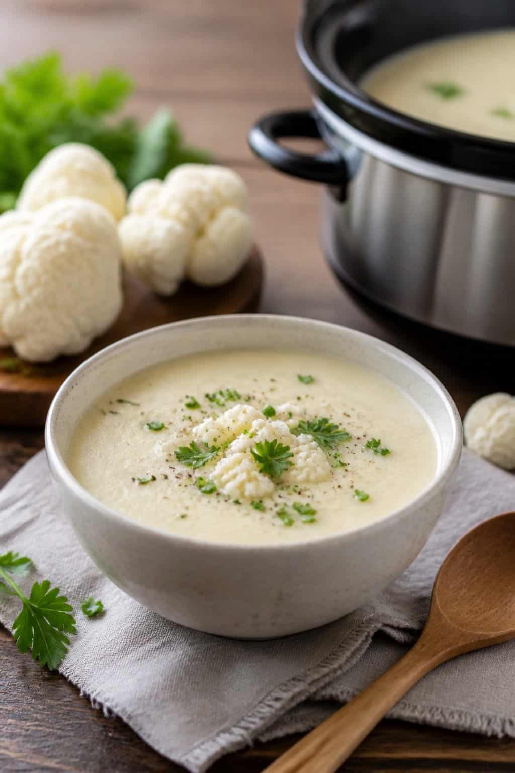 A bowl of creamy cauliflower soup garnished with herbs on a wooden table with fresh cauliflower and a slow cooker in the background.