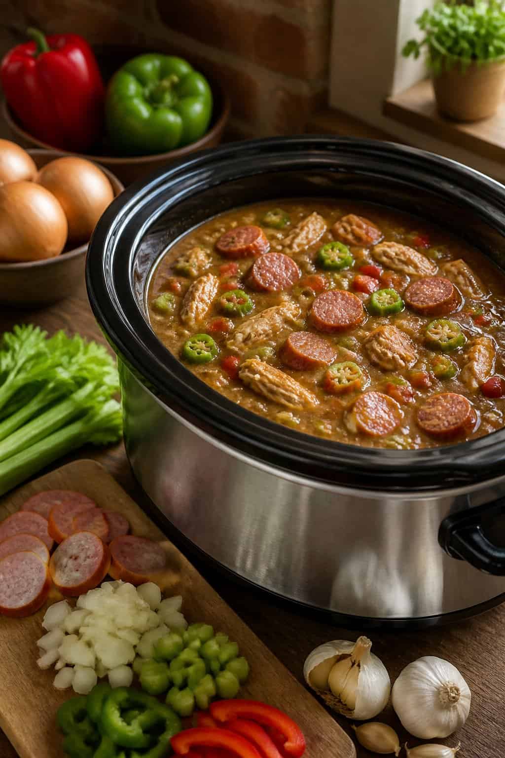 A slow cooker filled with gumbo containing andouille sausage and vegetables on a kitchen counter surrounded by fresh ingredients.