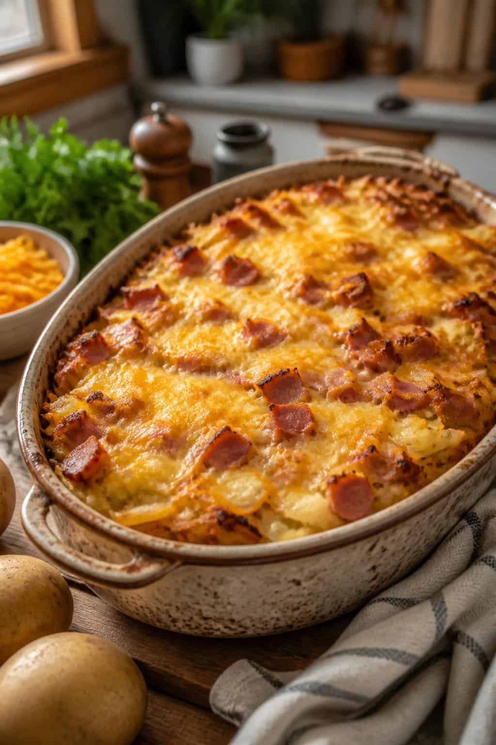 A golden brown ham and hashbrown casserole in a ceramic dish on a wooden table with fresh ingredients nearby.