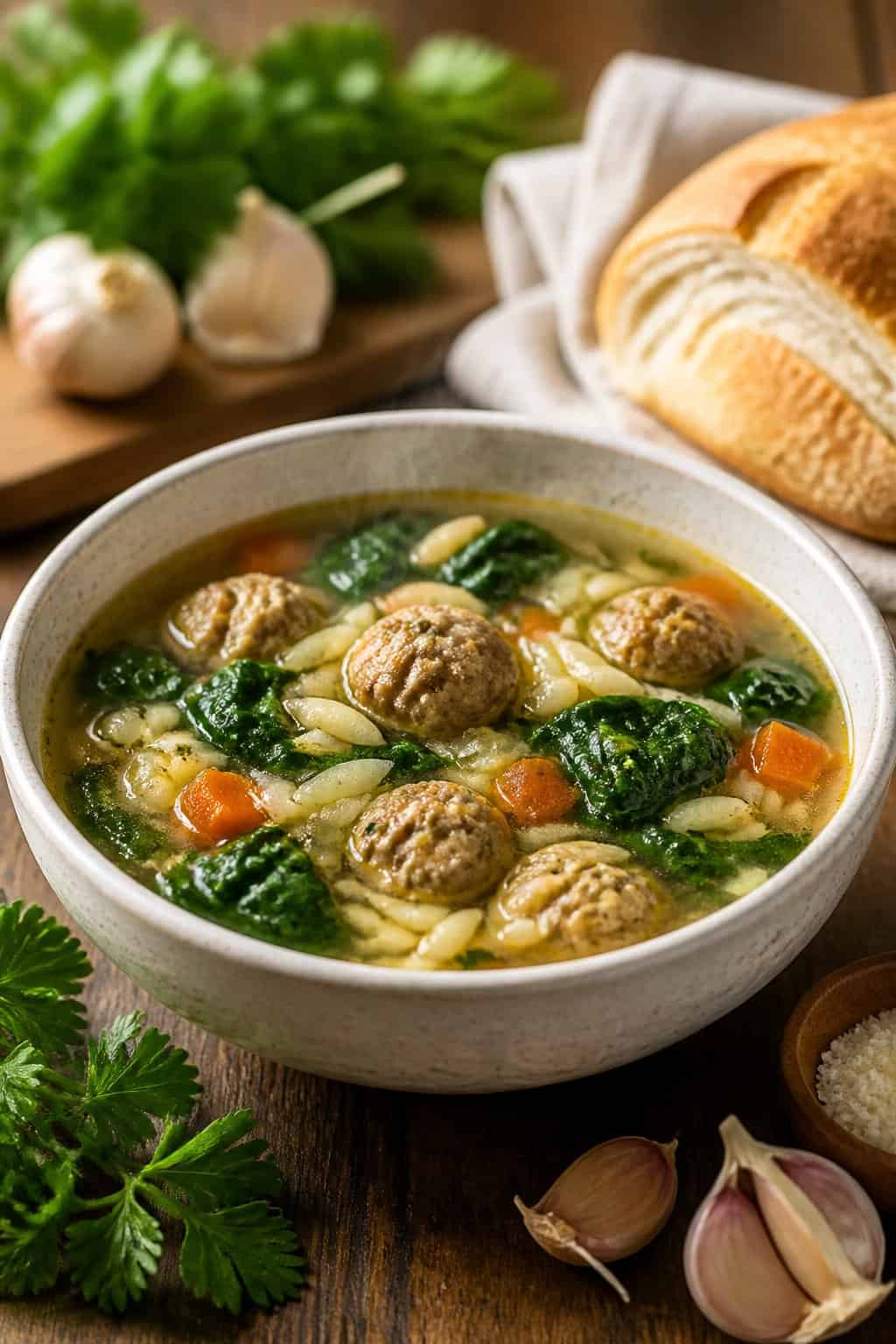 A bowl of Italian Wedding Soup with meatballs, spinach, pasta, and carrots on a wooden table with fresh herbs and bread nearby.