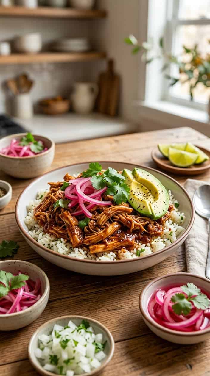 17 Crockpot Chicken Tacos and Bowls for Busy Families 11 A bowl of smoky adobo-sauced shredded chicken over white rice, layered with bright pink pickled onions, fanned avocado slices, and fresh cilantro, with lime wedges and chopped onion on the table beside it.