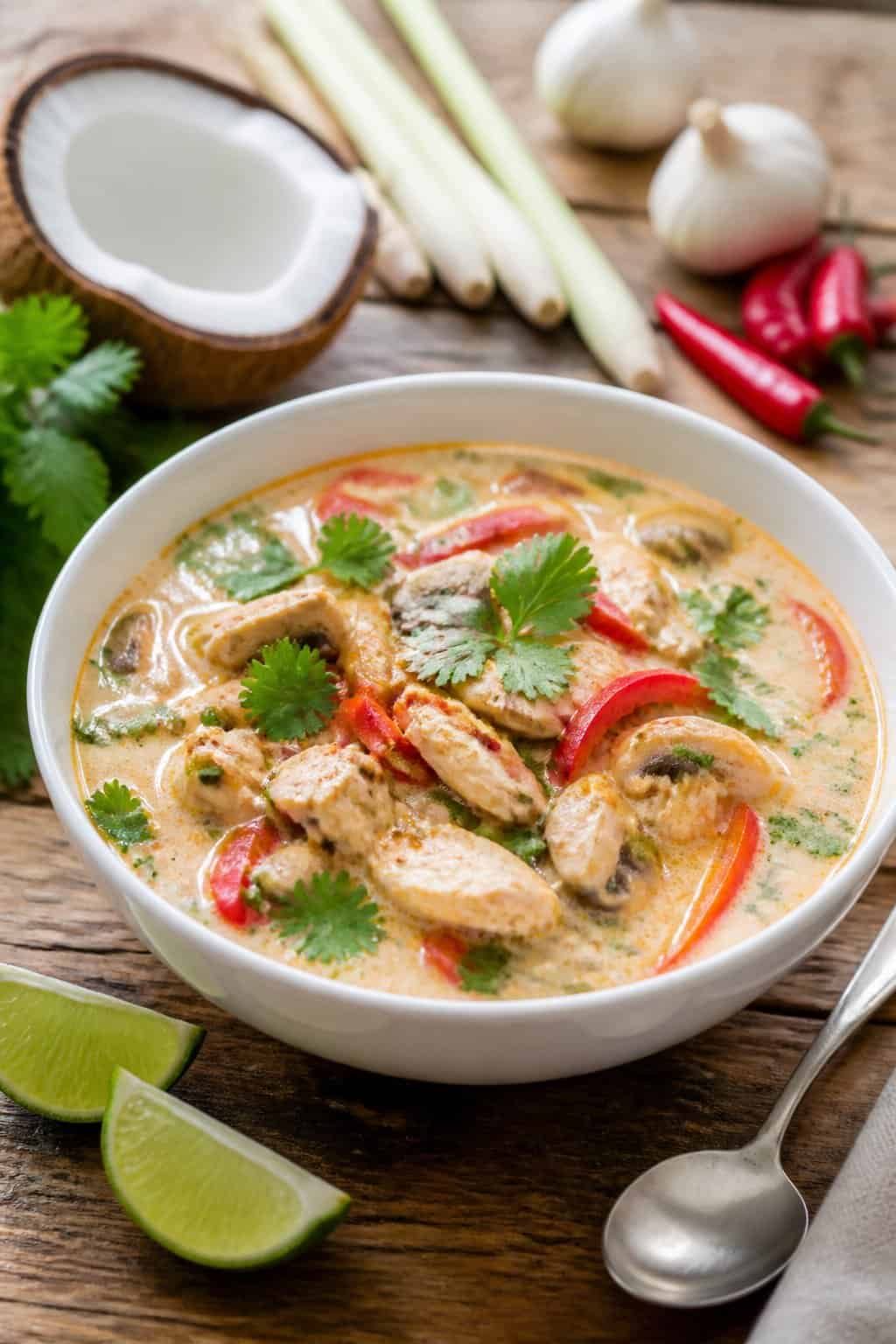 A bowl of Thai coconut chicken soup with chicken, mushrooms, red peppers, and cilantro on a wooden table with fresh ingredients around it.