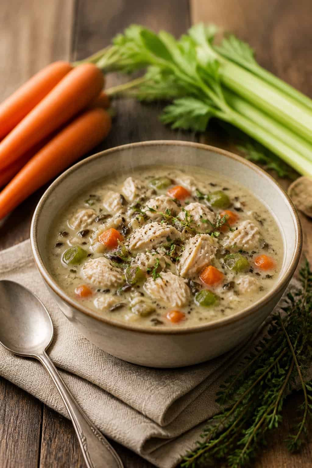 A bowl of turkey and wild rice soup on a wooden table with fresh vegetables and herbs nearby.