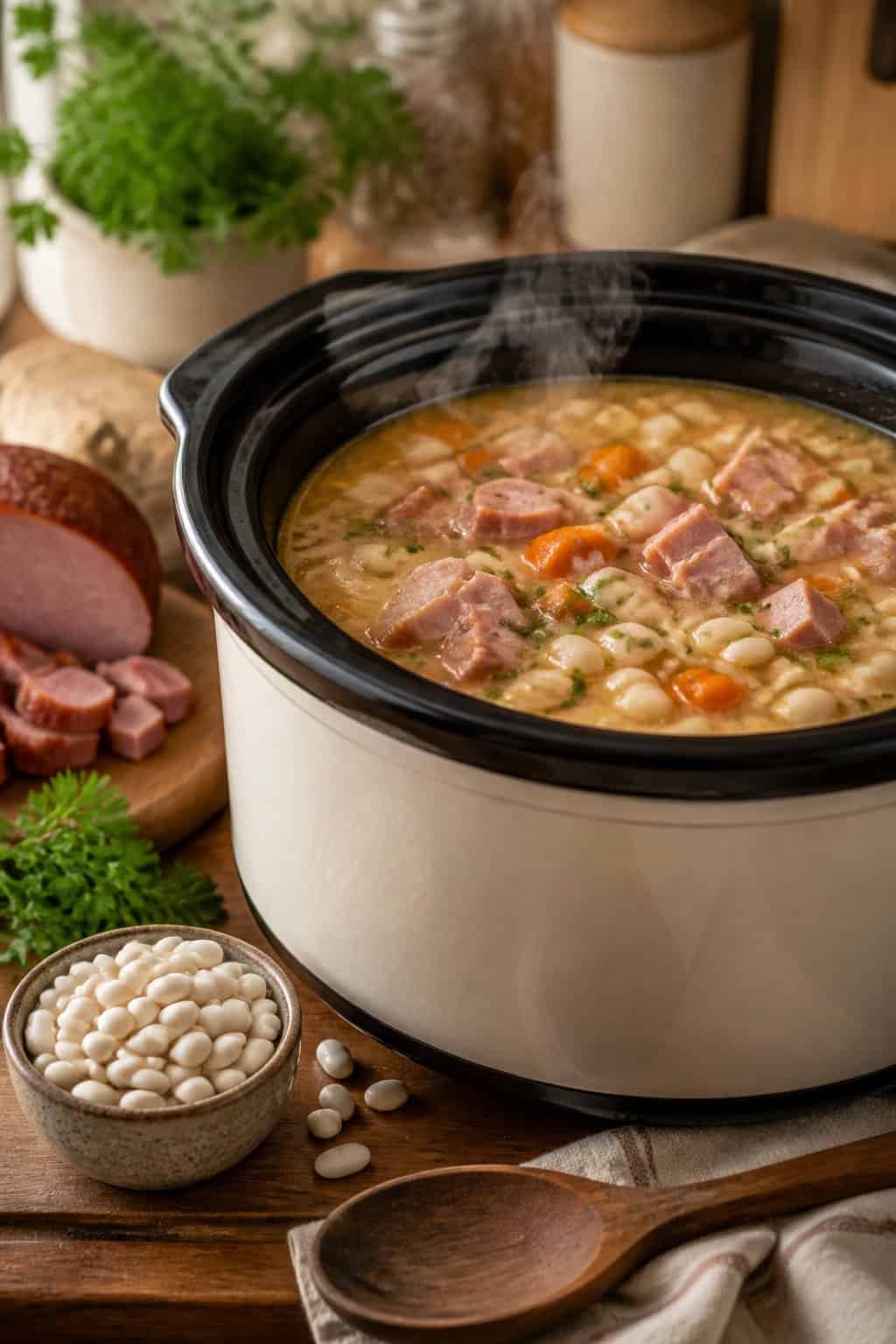 A slow cooker filled with white bean and ham soup on a kitchen countertop surrounded by fresh ingredients like ham, beans, and herbs.