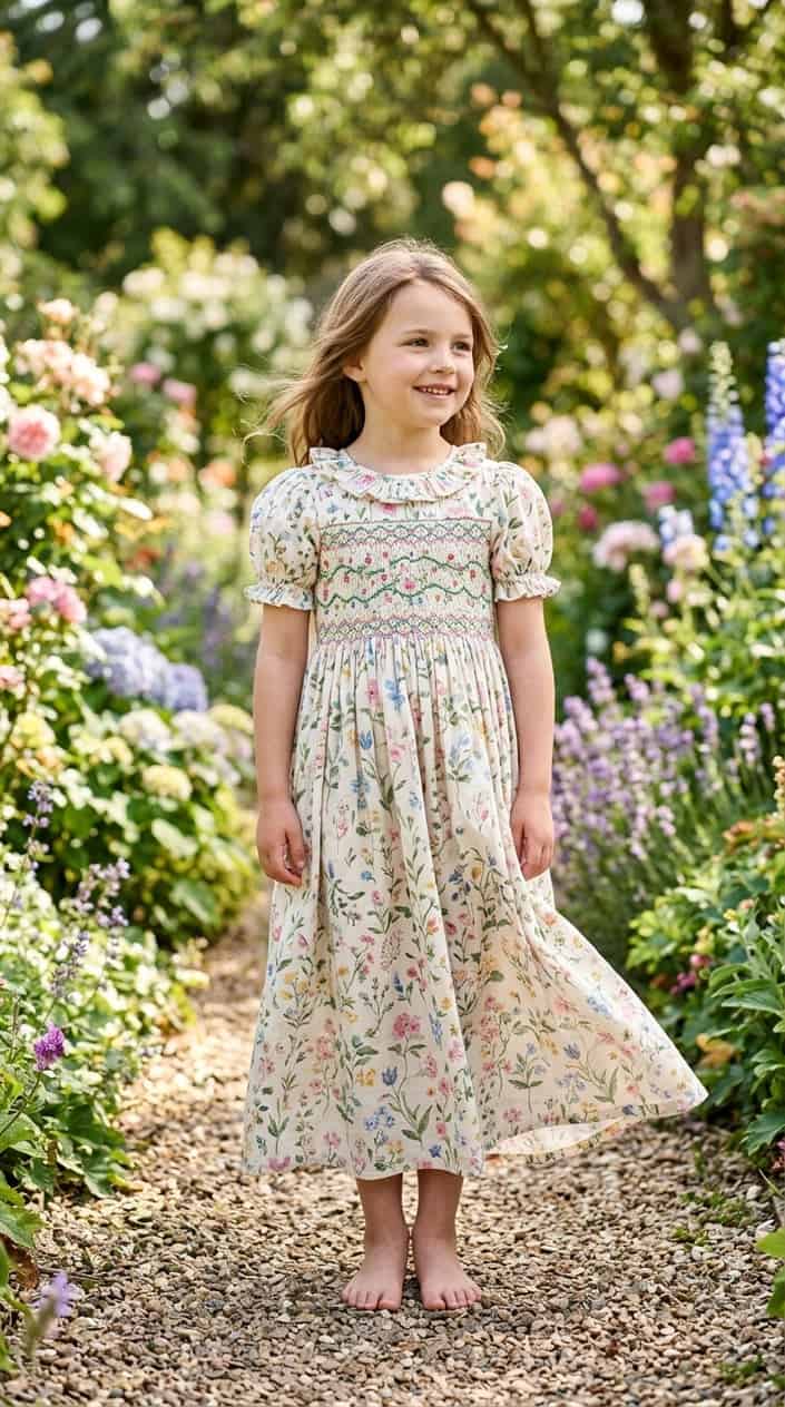 Little Girl Outfits She Won't Refuse to Wear 12 A young girl standing outdoors wearing a pastel floral maxi dress, surrounded by greenery and flowers.