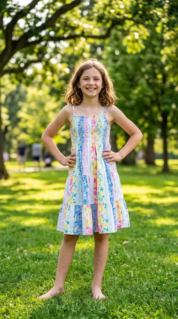 18 Tween Girl Outfits for the Summer They Outgrow Every Shirt 4 A smiling tween girl wearing a colorful smocked sundress standing barefoot in a sunny green park.