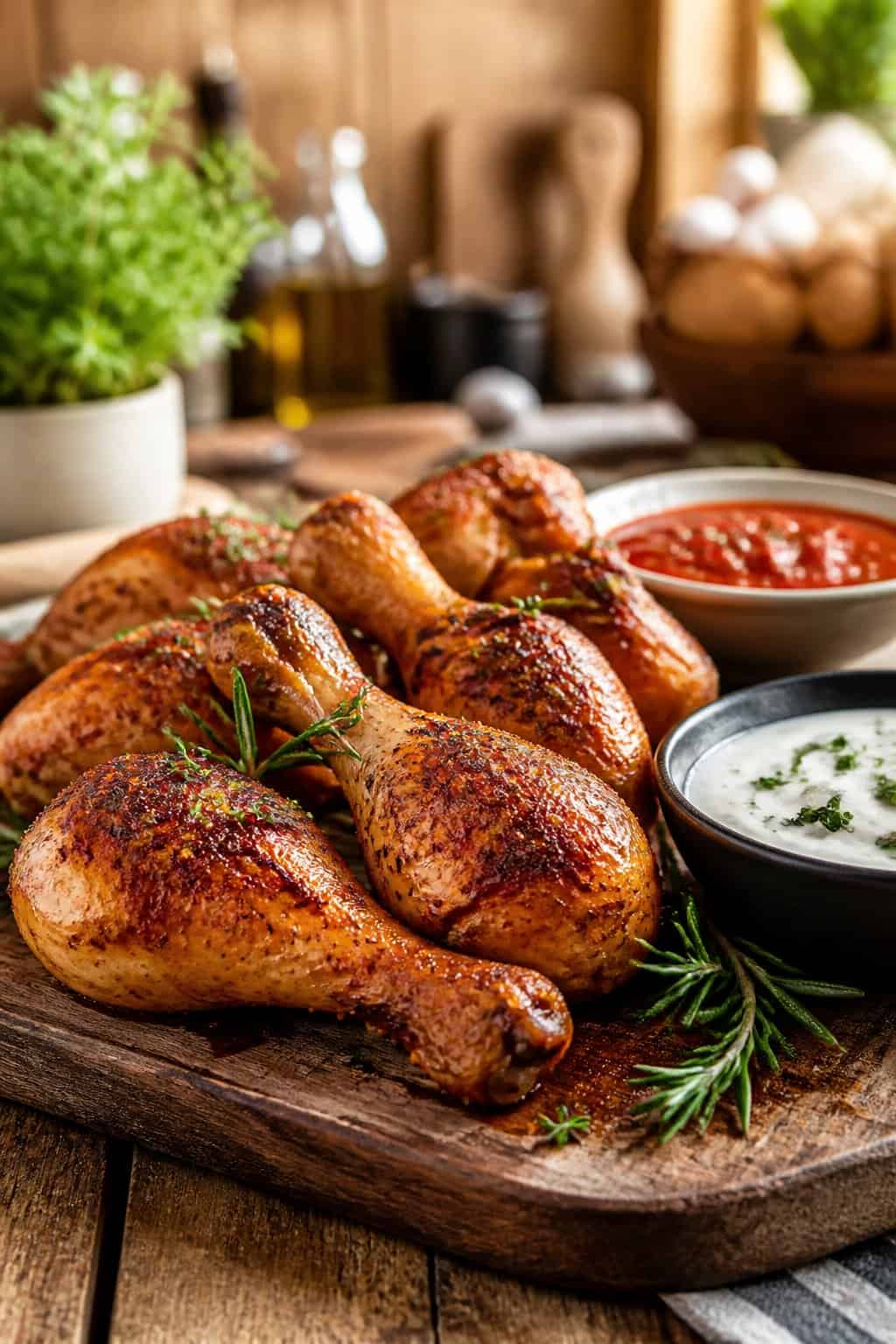 Deep brick-red smoky paprika roasted chicken drumsticks on a wood serving board, garnished with fresh flat-leaf parsley, with small white bowls of dipping sauce on the side.