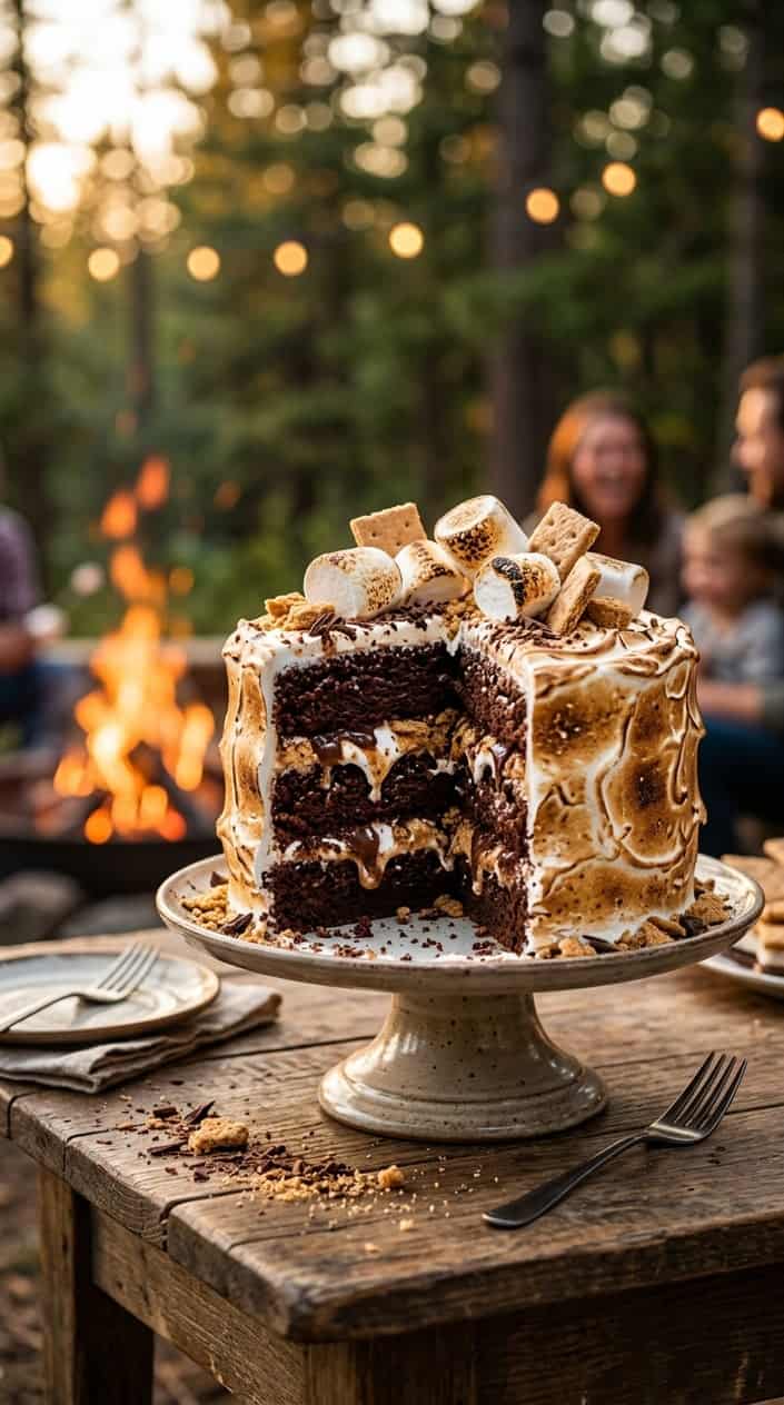 A layered chocolate cake with toasted marshmallow icing and graham cracker pieces on a wooden table with a blurred campfire in the background.