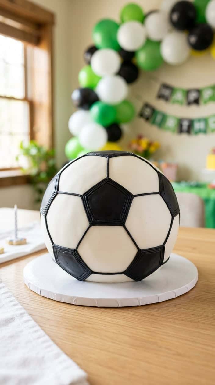 A round birthday cake decorated to look like a soccer ball with black hexagons piped on white icing.