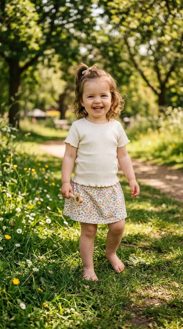 12 Cute Summer Dress Ideas for Toddler Girls Who Hate Wearing Dresses 2 A toddler girl standing outdoors on grass wearing floral print skorts and a light top, smiling in the sunlight.