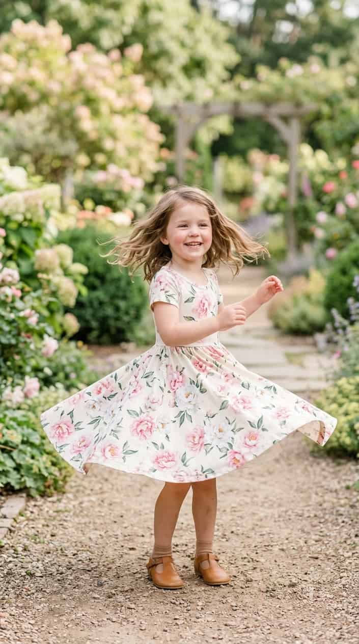 Little Girl Outfits She Won't Refuse to Wear 3 A young girl twirling outdoors in a floral dress with a joyful expression.