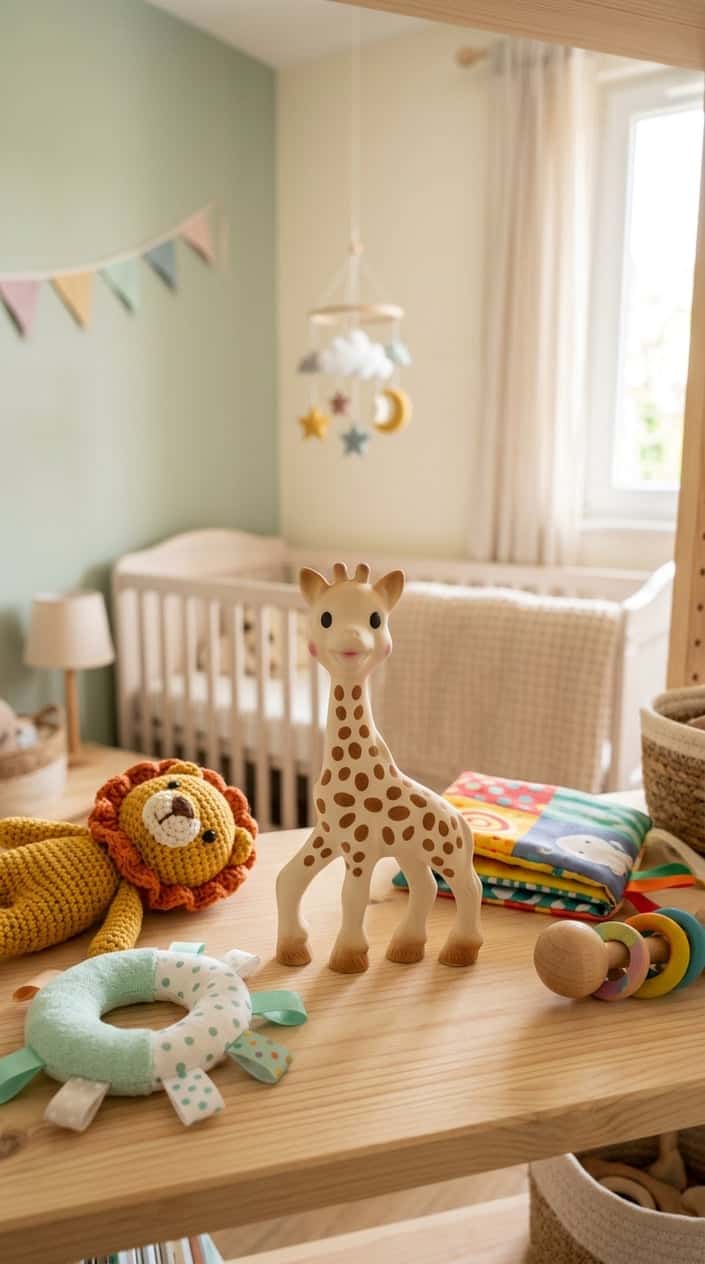 A Sophie la Girafe teether and other baby toys arranged on a wooden surface in a softly lit nursery with a crib in the background.