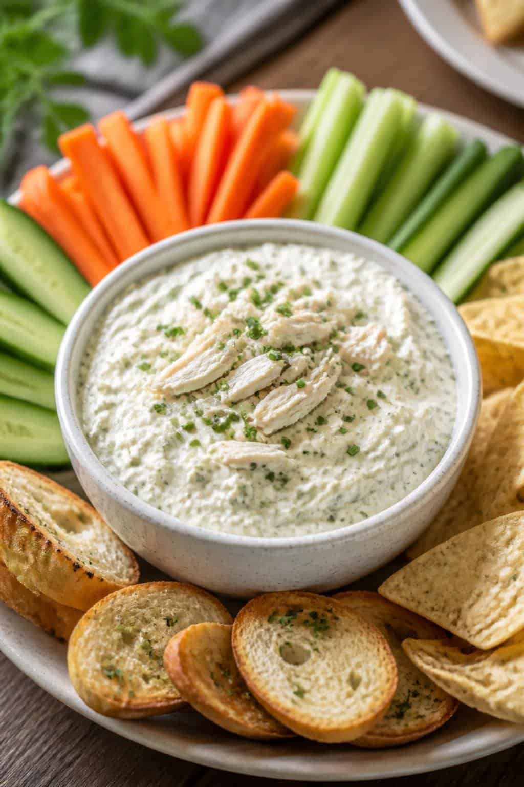 A bowl of sour cream and chive chicken dip surrounded by vegetable sticks, toasted bread slices, and tortilla chips on a wooden table.