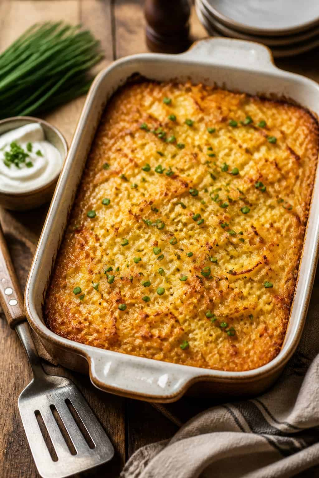 A golden brown sour cream and chive hashbrown casserole in a ceramic dish on a wooden table with fresh chives and a serving spatula nearby.