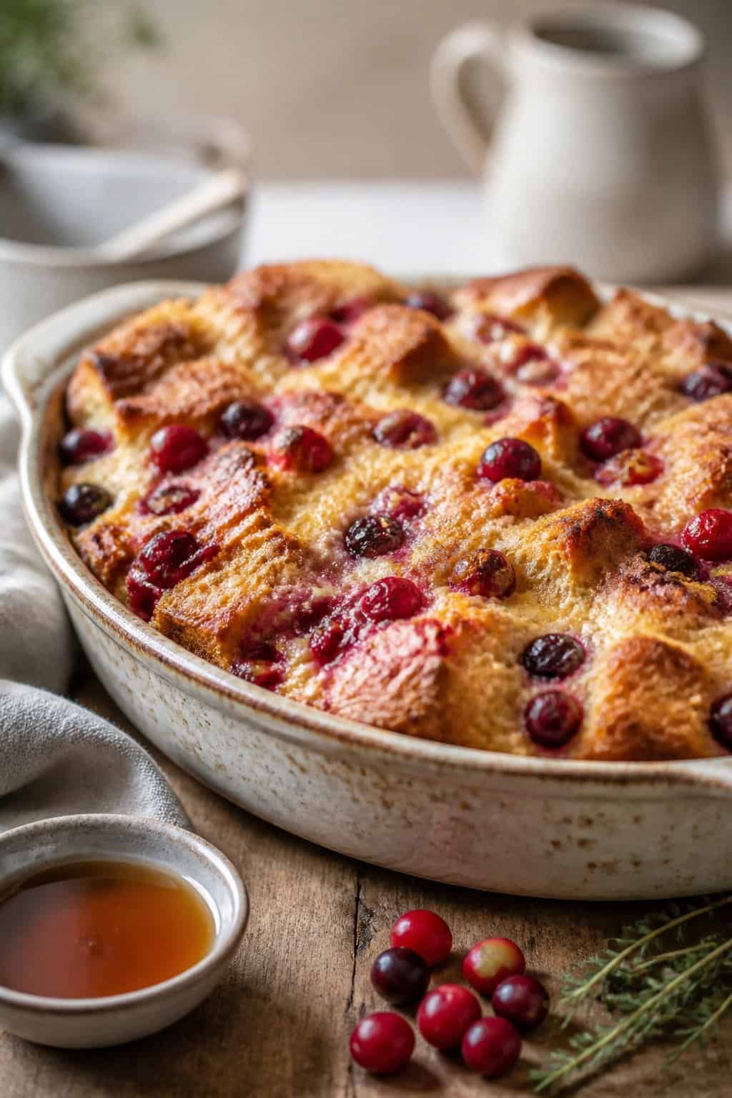 A freshly baked sourdough-cranberry French toast casserole in a white ceramic baking dish on a wooden table with fresh whole cranberries and a small pitcher of maple syrup placed nearby.