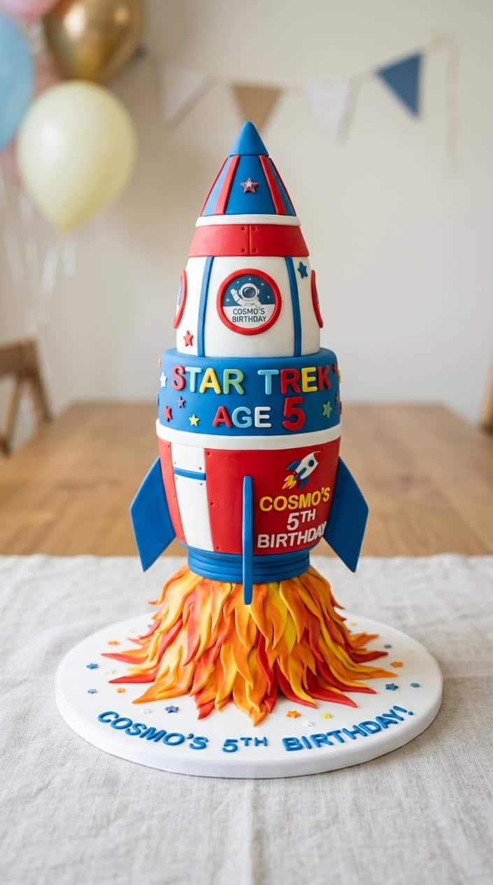 A colorful space rocket cake with fondant flames on a white cake board.