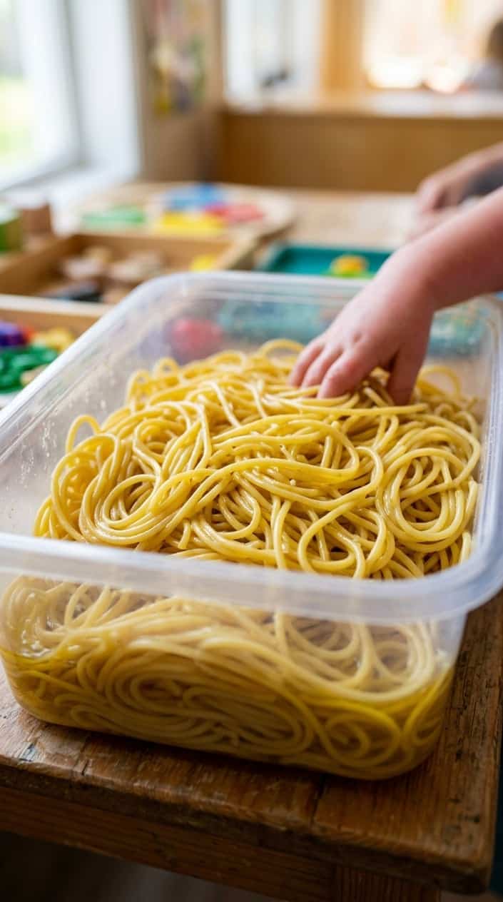 Close-up of cooked and oiled spaghetti strands in a clear sensory bin.