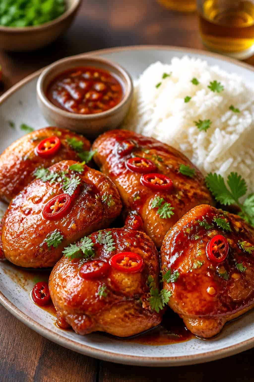 Honey sriracha glazed chicken thighs on a wooden table plated over white rice, with a deeply lacquered reddish-orange sauce, sliced fresh chili peppers, and scattered herb leaves on top.