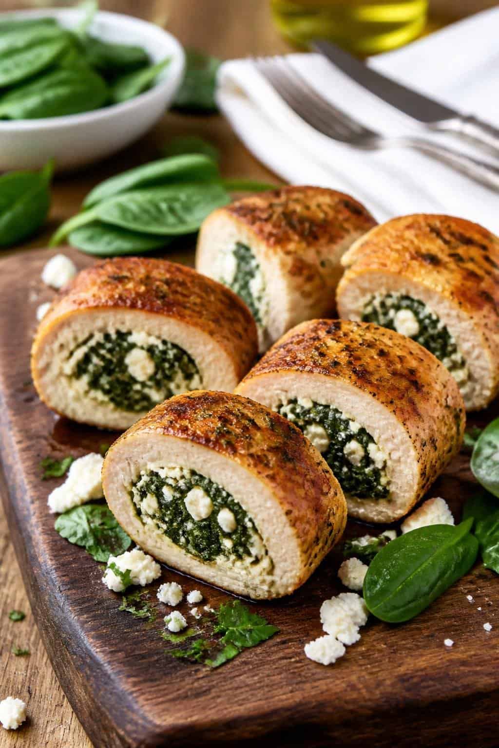Close-up of sliced spinach and feta stuffed chicken rounds on a wooden board with spinach leaves and feta cheese garnishes.