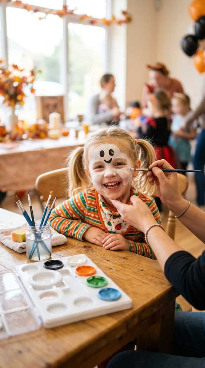 A young child with a friendly ghost face paint design smiling while sitting at a table with face painting supplies.