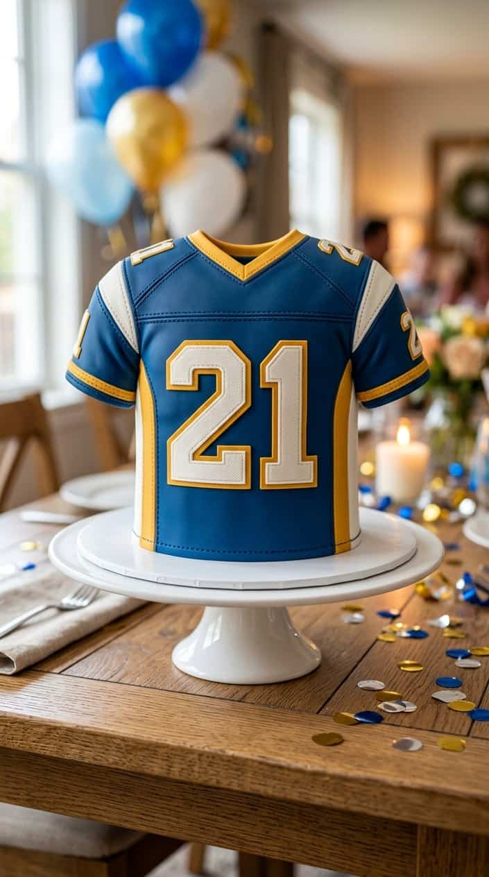 A birthday cake shaped like a sports jersey with the number 21 on a table with festive decorations.
