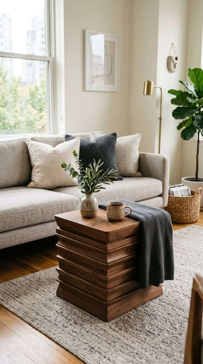 A cozy living room corner with a sculptural stacked book coffee table, a sofa with pillows, and natural light coming through a window.