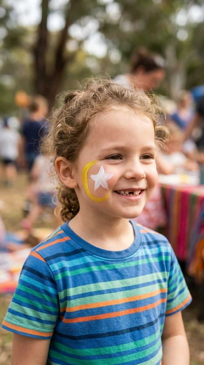 A smiling child with a star and crescent moon painted on their cheek.