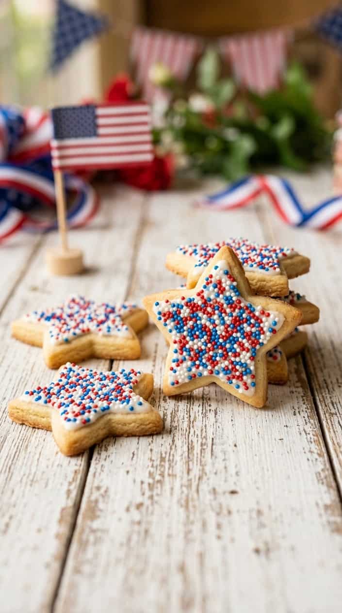 Star-shaped sugar cookies with red, white, and blue sprinkles arranged on a white wooden surface with patriotic decorations in the background.