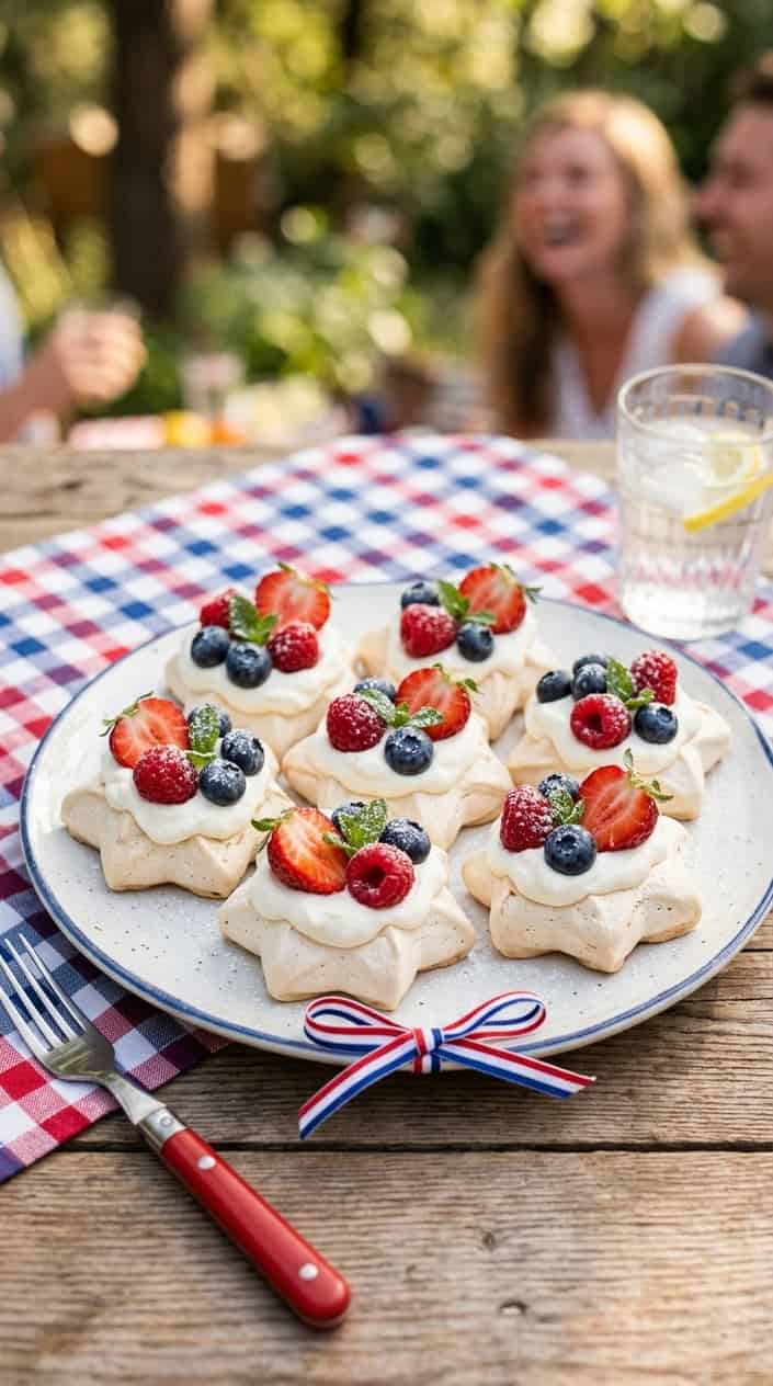 A plate of star-shaped mini pavlovas topped with whipped cream and red, white, and blue berries.