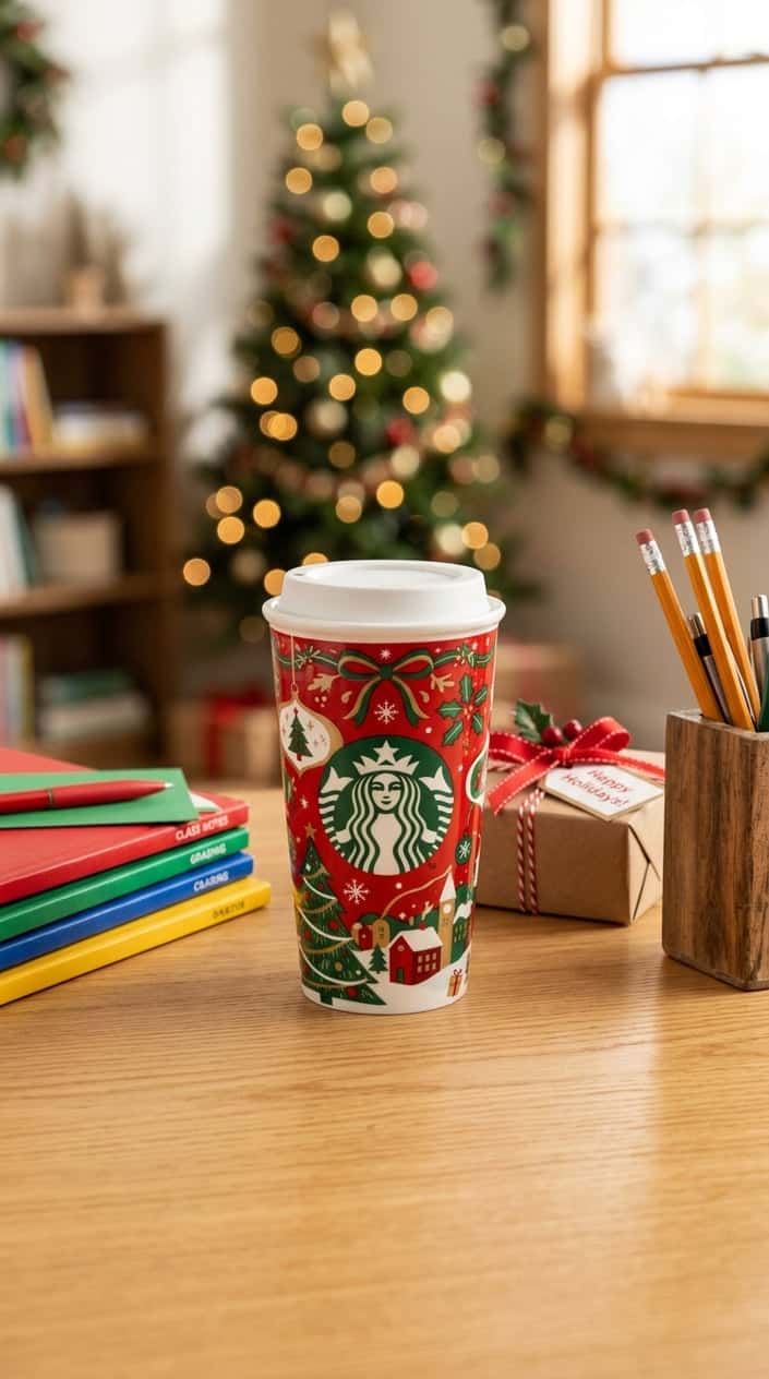 A Starbucks holiday ceramic tumbler on a wooden desk surrounded by notebooks, pencils, and a small wrapped gift.