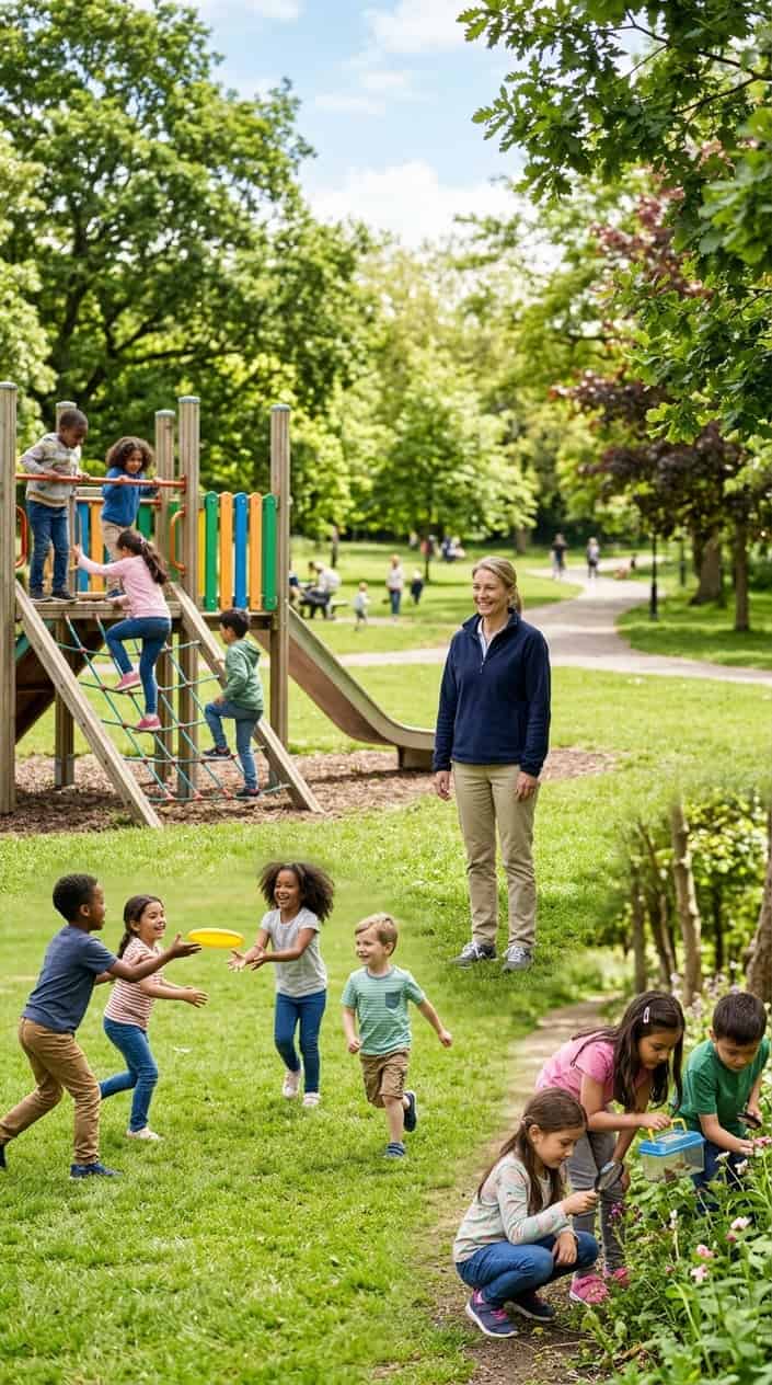 An adult calmly watching children playing various outdoor games and exploring nature in a sunny park.