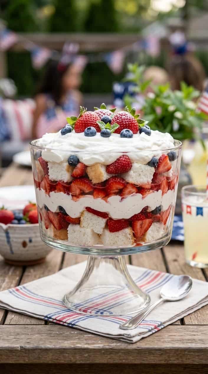 A layered dessert of angel food cake, strawberries, and whipped cream in a clear glass bowl with patriotic decorations in the background.