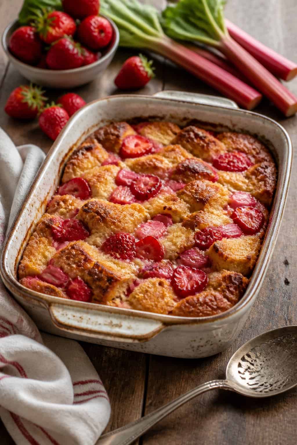 A baked strawberry-rhubarb French toast casserole in a deep ceramic dish with a golden-brown top, surrounded by fresh strawberries and cut rhubarb stalks on a wooden table.