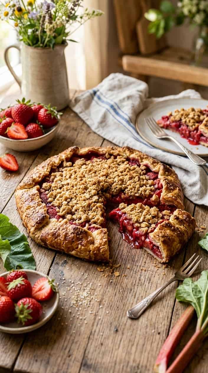 A sliced strawberry-rhubarb galette with crumble topping on a wooden surface, surrounded by fresh strawberries and rhubarb.