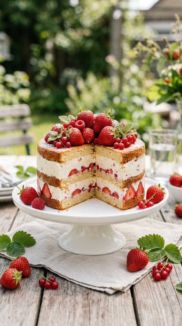 A layered strawberry shortcake ice cream cake topped with fresh strawberries on a white cake stand, placed on a wooden table with a light background.