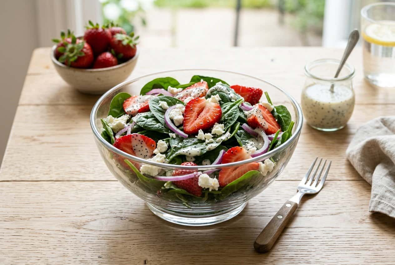 A large bowl of dark green baby spinach layered with sliced bright red strawberries, crumbled white feta, and chopped pecans, with a small dish of creamy poppy seed dressing alongside on a wooden table.