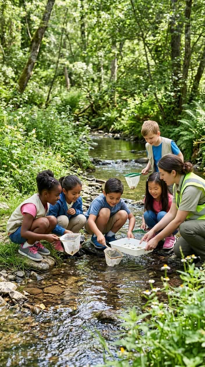 Children collecting and examining aquatic specimens with nets and trays by a stream in a green outdoor setting.