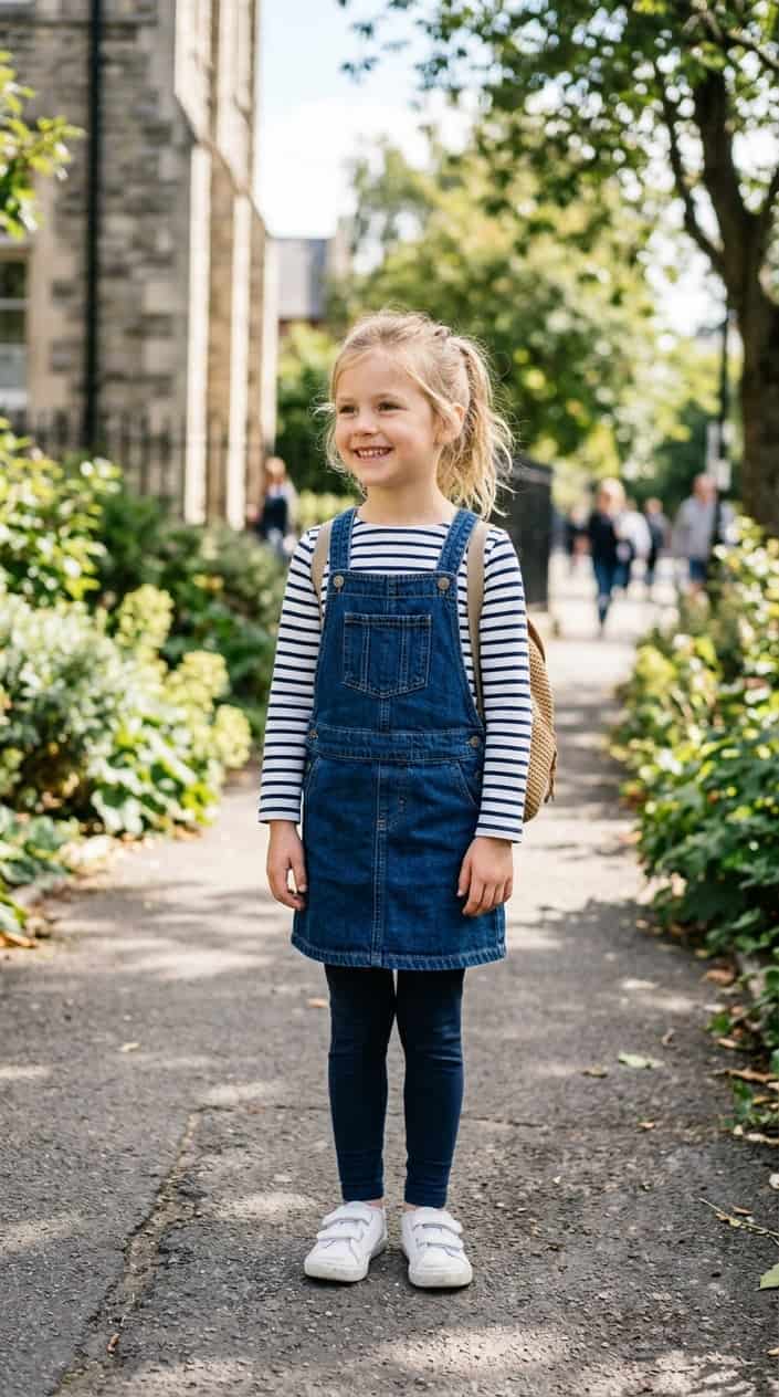 14 School Outfit Ideas for Girls Tired of the Same Three Tops 2 A young girl standing outdoors wearing a striped shirt and denim pinafore dress, smiling with a blurred background.