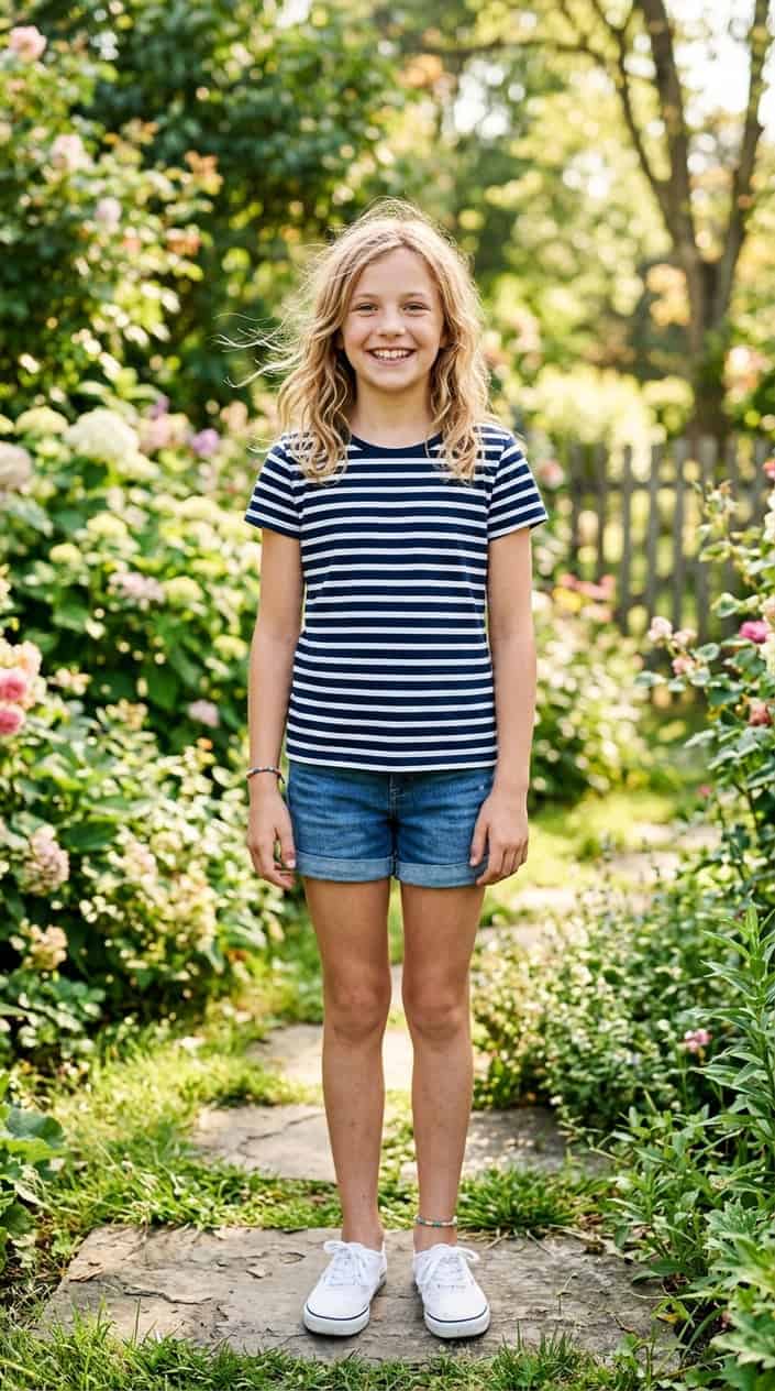 18 Tween Girl Outfits for the Summer They Outgrow Every Shirt 7 A smiling tween girl wearing a striped shirt and shorts stands outdoors on a sunny day with greenery in the background.