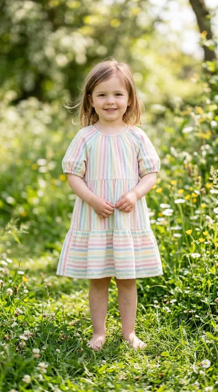 A young child standing outdoors wearing a striped dress, smiling gently with a blurred green background.