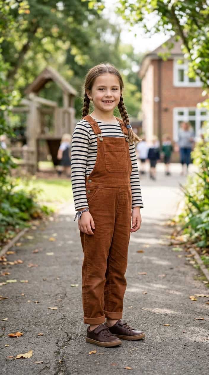 14 School Outfit Ideas for Girls Tired of the Same Three Tops 13 A young girl wearing a striped long-sleeve shirt and corduroy overalls standing outdoors with a blurred green background.